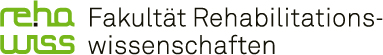 Logo der Fakultät Rehabilitationswissenschaften. In grünen geschwungenen Kleinbuchstaben steht "reha" in der oberen Zeile und in der darunterliegenden Zeile steht "wiss".