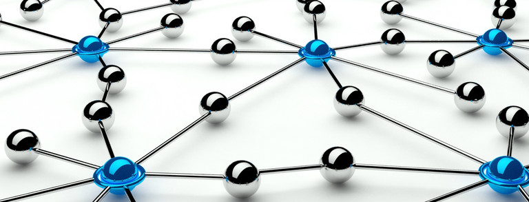 Networking graphic of blue balls connected by gray strings